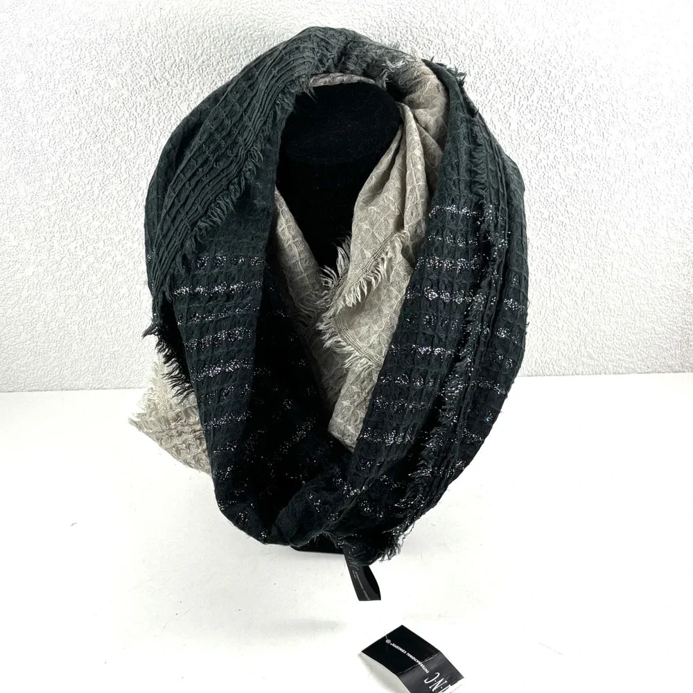 New INC International Concepts Scarf Womens OS Black‎ Ombre Metallic Fringe Wrap